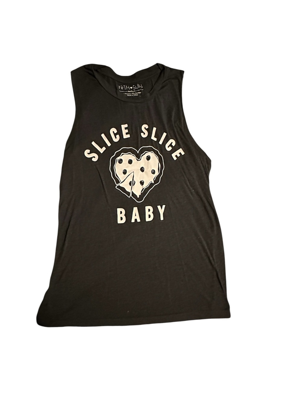 Fifth Sun Black Tank Top with White 'Slice Slice Baby' Pizza Heart Graphic